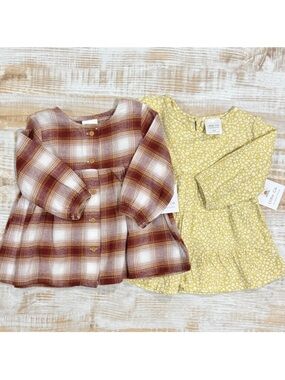 Baby Girls Brown Plaid and Yellow Floral Long Sleeve Casual Dresses Size 6Months